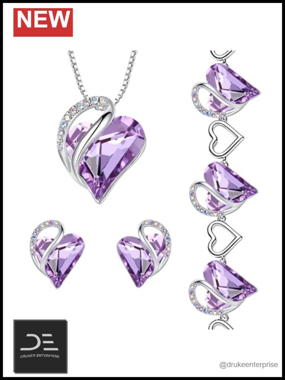 Silver Plated Heart Necklace Bracelet Earrings Set, June Birthstone Crystal